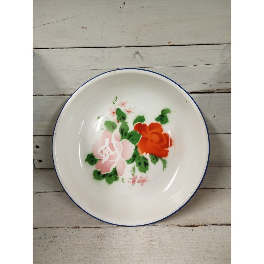 Vintage Butterfly Brand Enamelware Bowl Floral Pattern 10 3/4” Cottagecore